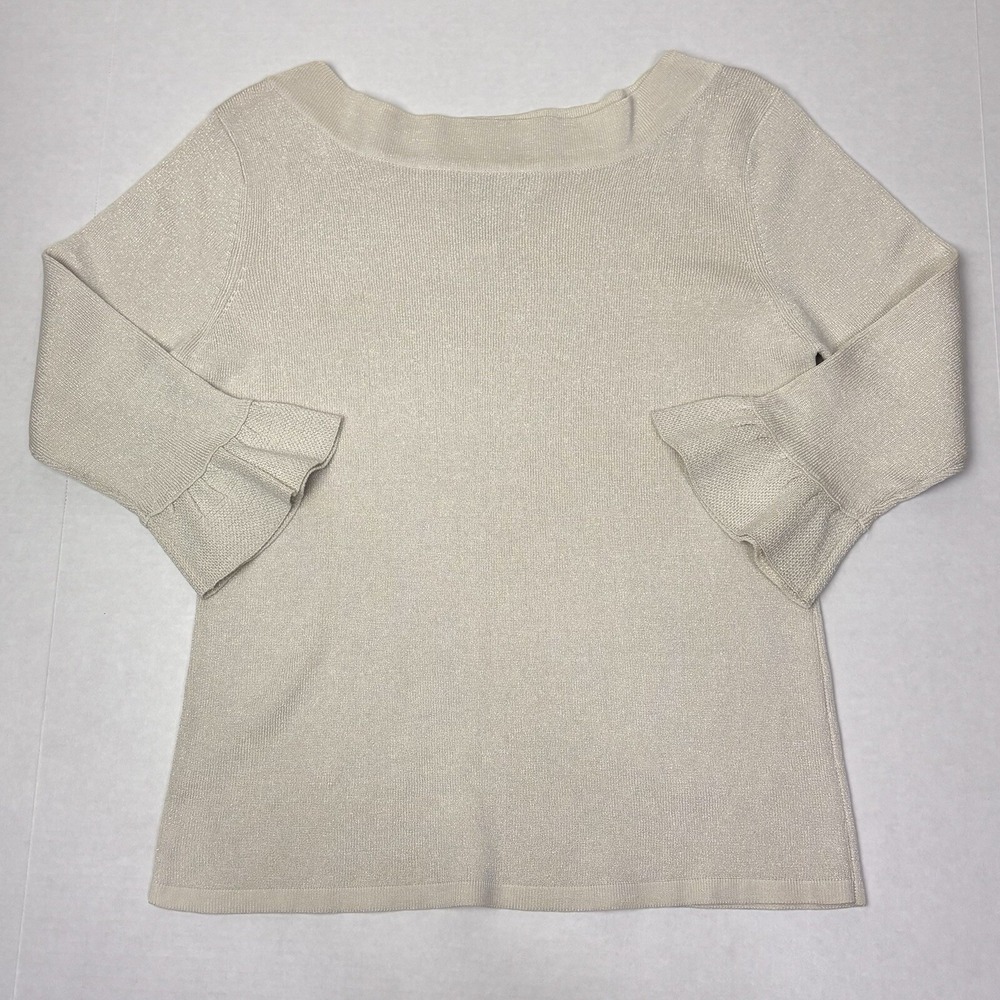 Joseph A Womens XL Gold Silk Metallic Sweater Top Boat Ruffle Sleeves Office EUC